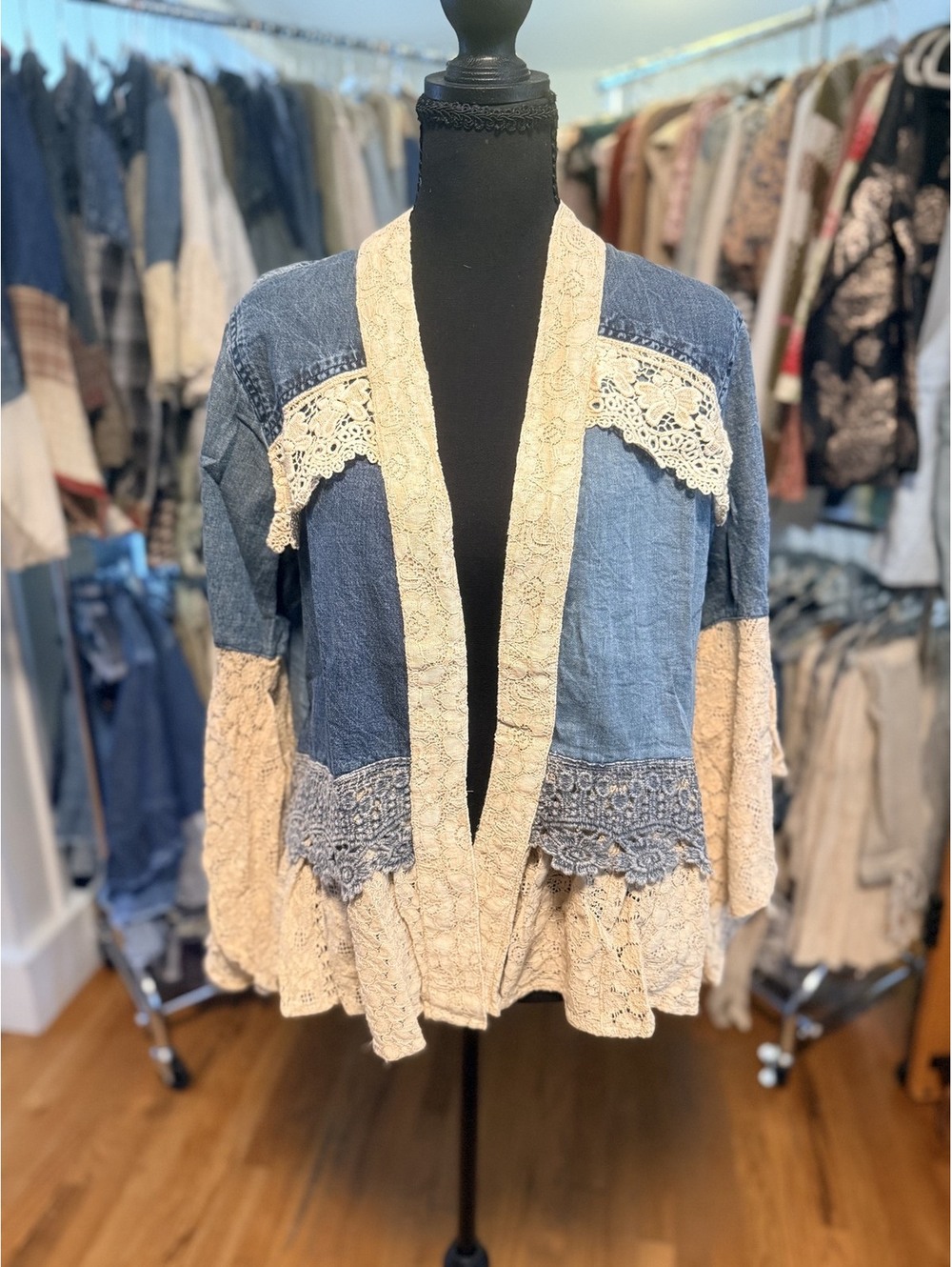 YOUNG THREADS Desert Dream Lace & Denim Patchwork Kimono Latte NWT S